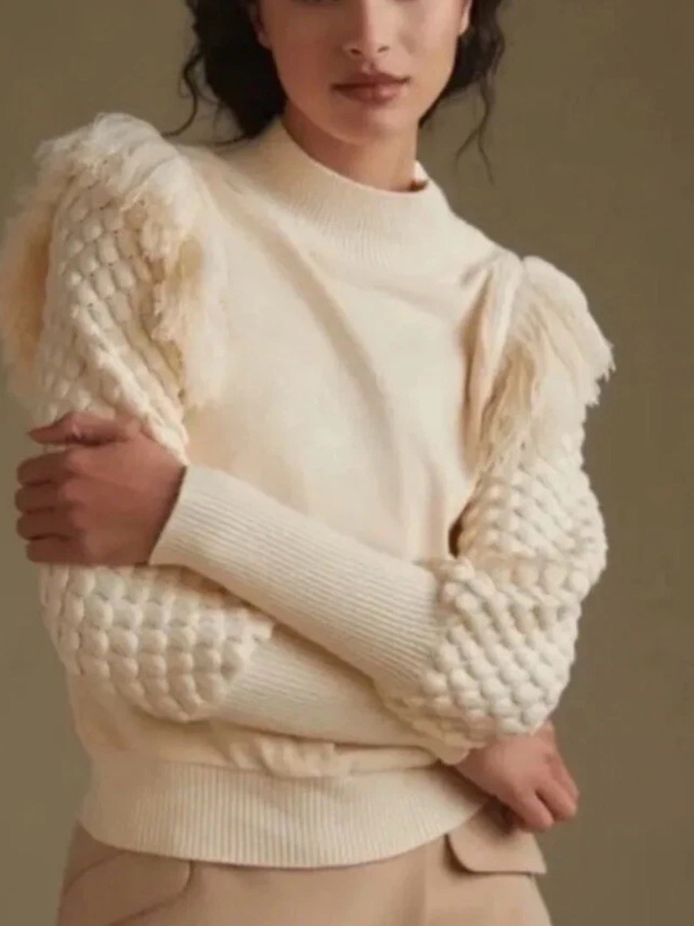 Anthropologie Cream Textured Puff-Sleeve Knit Sweater